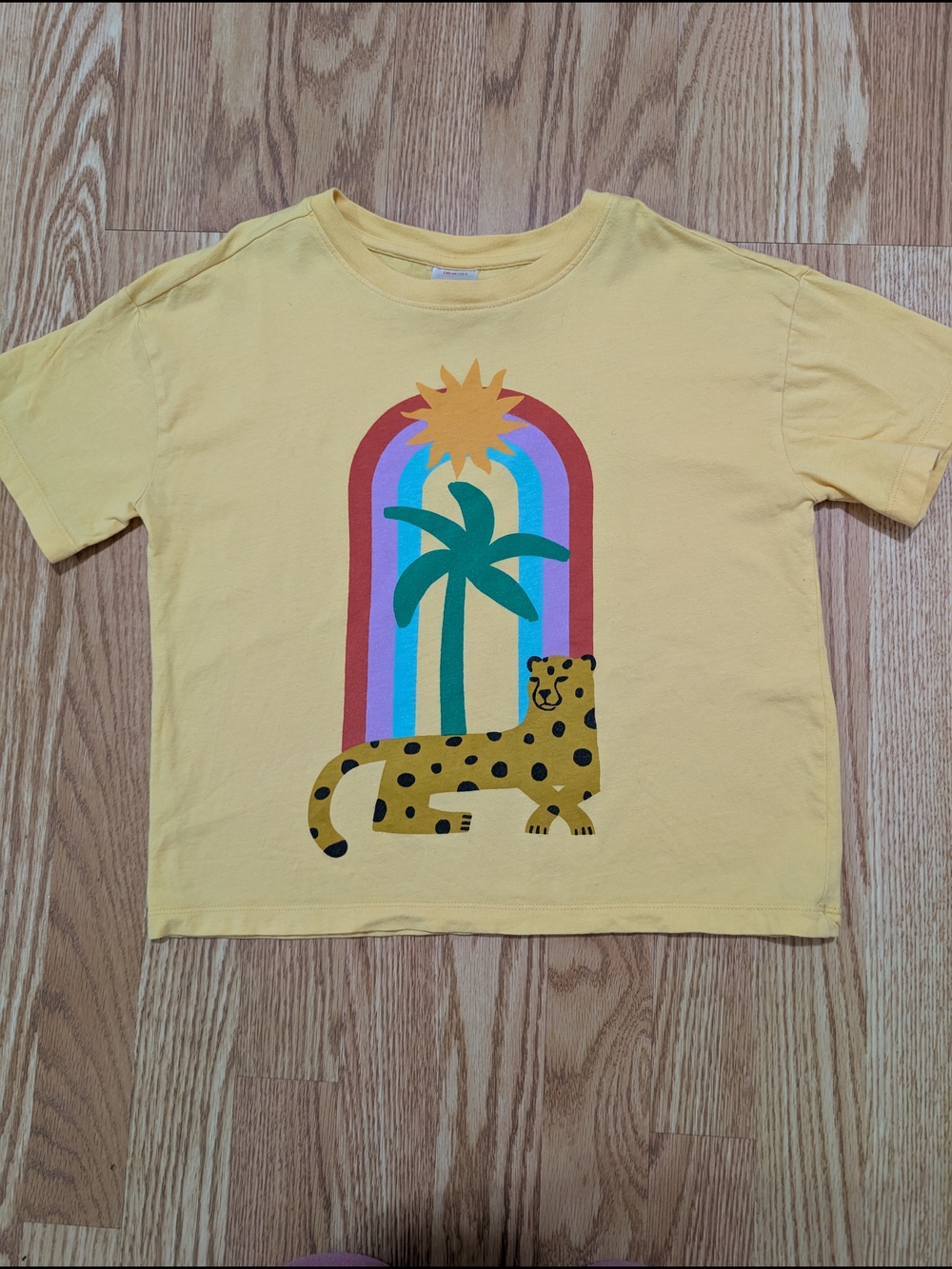 Hanna Andersson Girls Yellow Tee with Rainbow Palm & Leopard Cotton 8